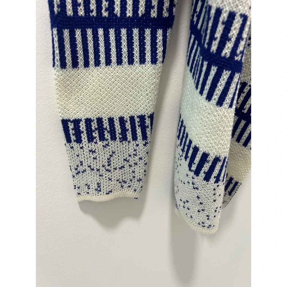 Lulu Fushi Blue White Geometric Open Front Waterfall Cardigan Sweater Small